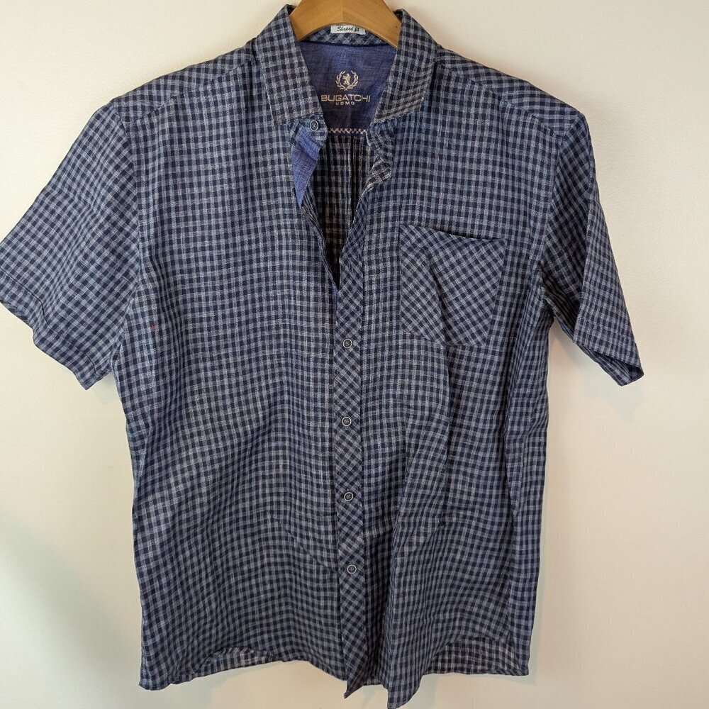 Bugatchi Uomo 100% Linen Short Sleeve Buttondown in Blue, Sz Lg